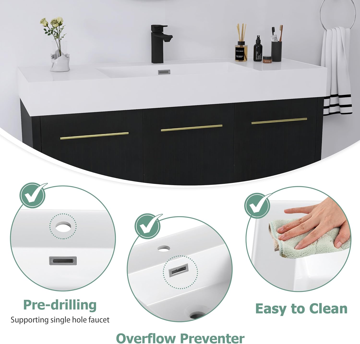 Close-up of the sink features including pre-drilling, overflow, and easy cleaning