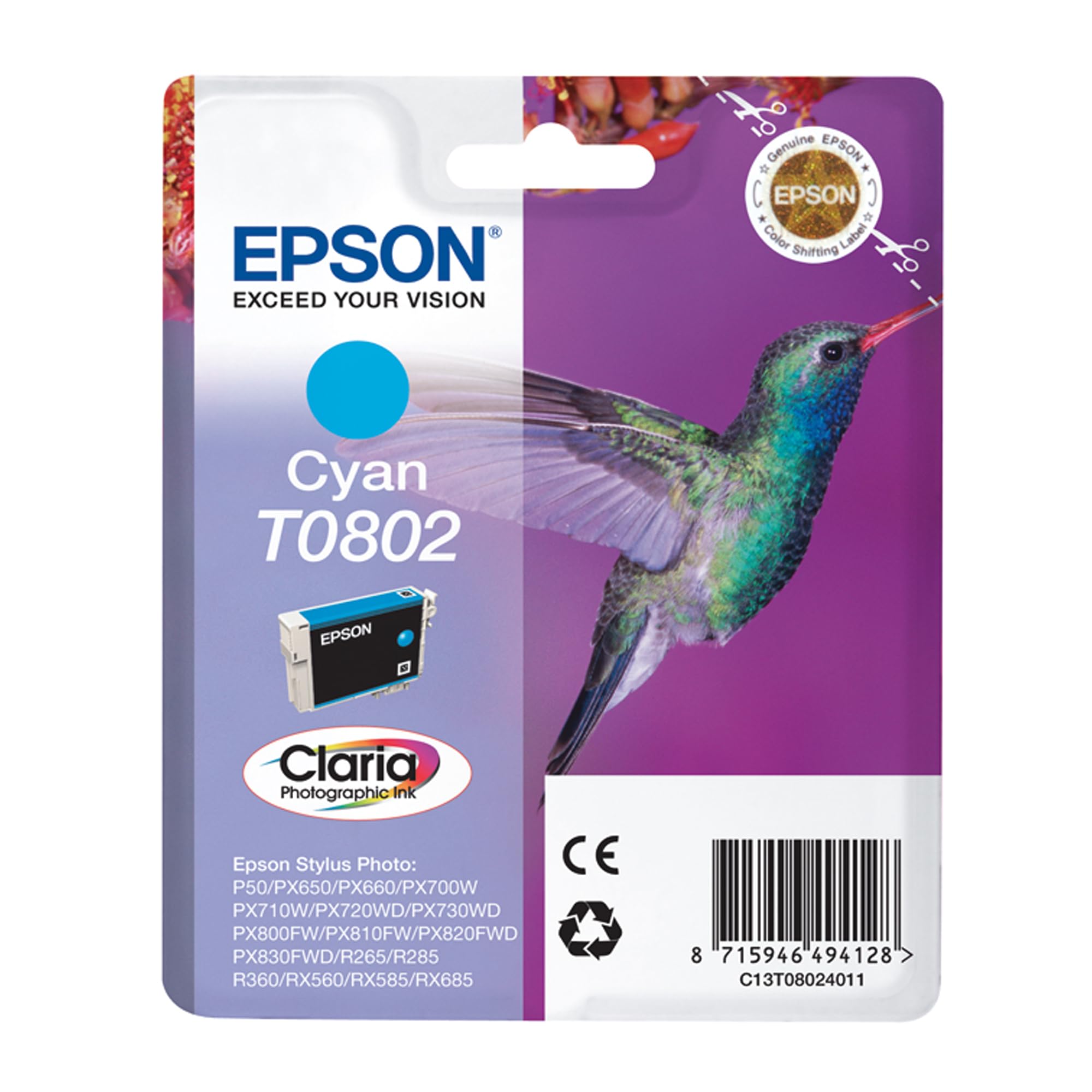 GENUINE EPSON T0802 TO802 Cyan blue cartridge ORIGINAL HUMMINGBIRD vac' seal ink