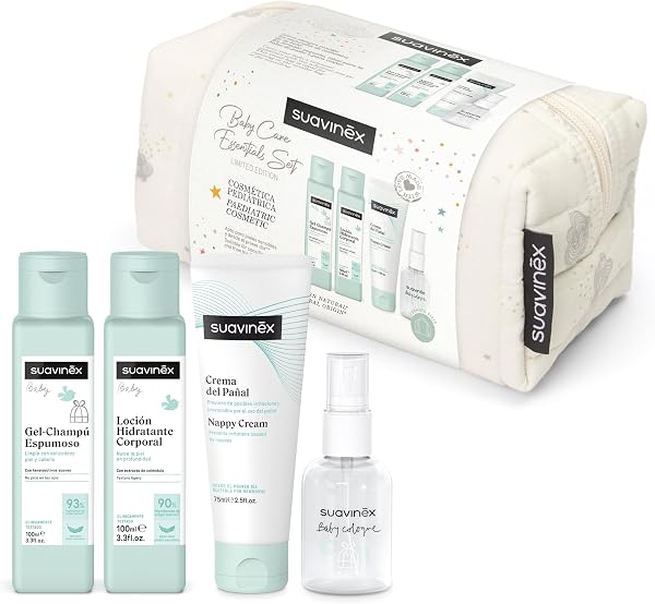 Suavinex, Fabric Beauty Case, Baby Gift Set with Cosmetics: Shampoo Gel 100 ml + Moisturizing Lotion 100 ml + Diaper Cream 75 ml + Baby Cologne 50 ml. Travel Size Dreams Beige - 1
