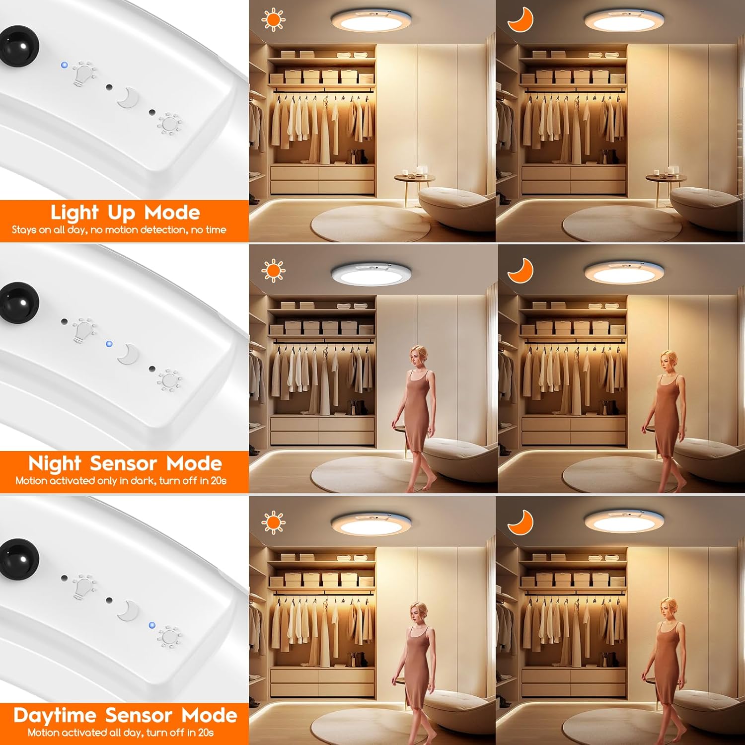 3 Pack Rechargeable Motion Sensor Ceiling Light, Wireless Ceiling Lights Battery Operated Closet Light with Remote, 500LM 3000K/4500K/6500K, 0.55″ Ultra Thin Lights for Bathroom Hallway Pantry