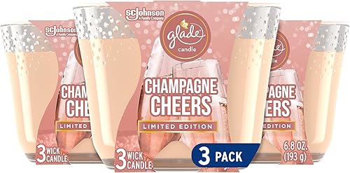 Glade Candle Champagne Cheers, vela perfumada con aceites esenciales, vela ambientadora, vela de 3 mechas, 6.8 onzas, 3 unidades