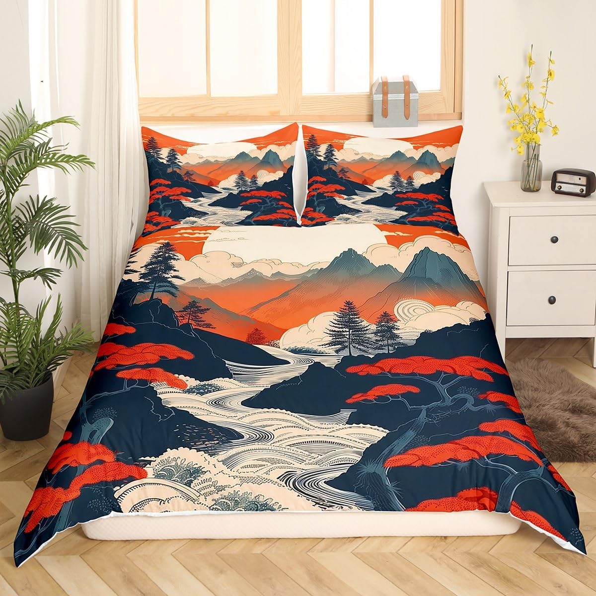 jejeloiu Japanese Duvet Cover Set Pink Cherry Blossom Bedding Set for Kids Boys Girls Crane Bird Comforter Cover Setting Sun Quilt Cover Bedroom Collection 2Pcs Toddler Size,No Comforter