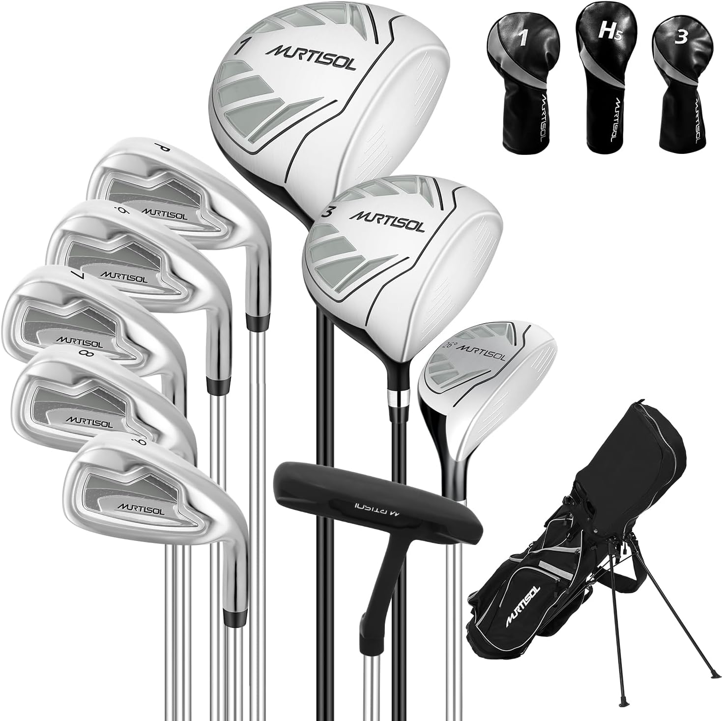10 Pieces Complete Mens Womens Golf Clubs Set Right Hand for Men Women Includes Stand Bag with Rain Hood, 1#Driver 3#Wood #5 Hybrid,with 3 Head Covers, 6# 7# 8# 9# PW# Irons and Putter