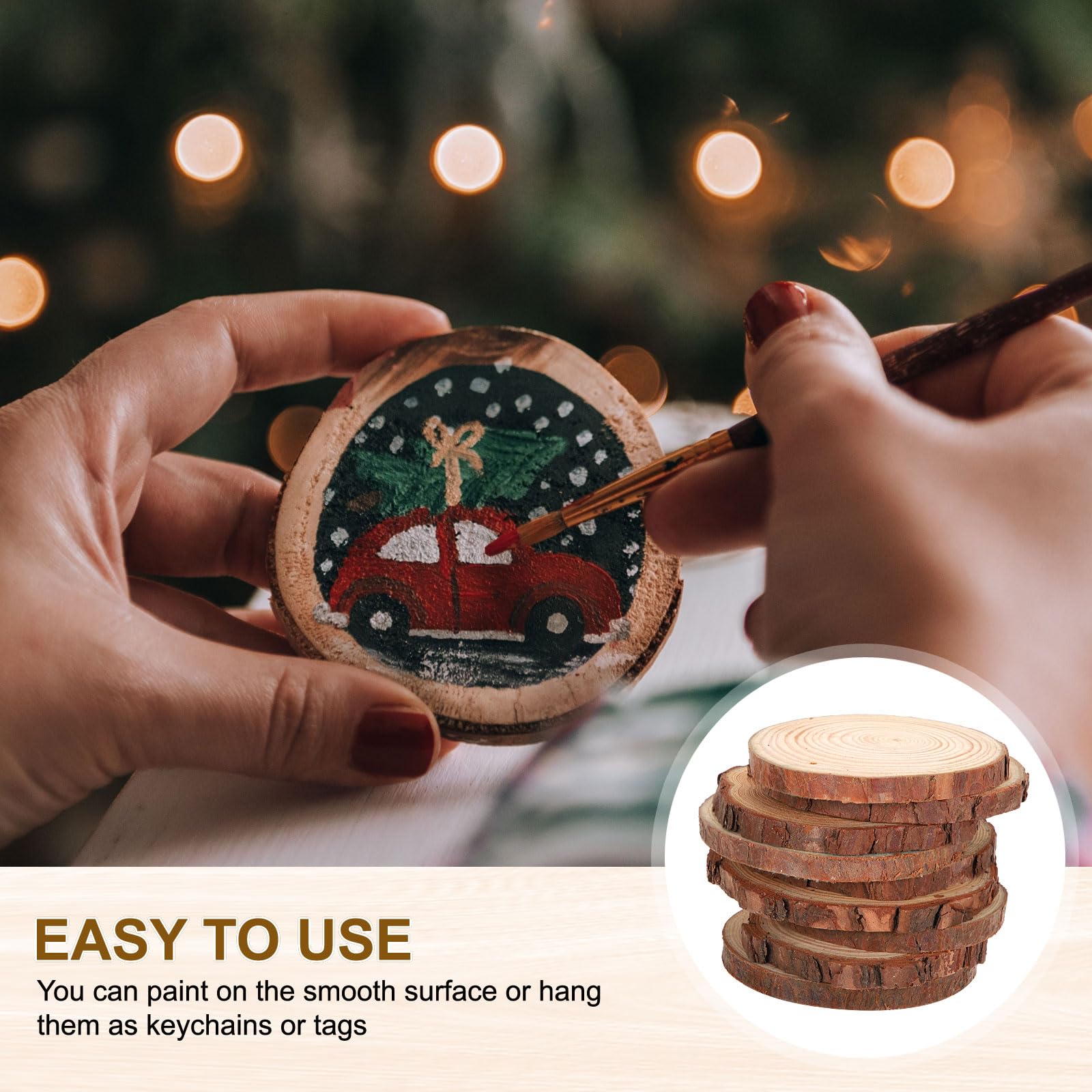 QUARKZMAN 20 Piezas Kit Rodajas Madera 4,3-4,7 Pulgadas Pretaladrados | Sin Acabado, con Corteza, Círculos Redondos, para Manualidades, Adornos de Navidad y Decoración de Boda Rústica
