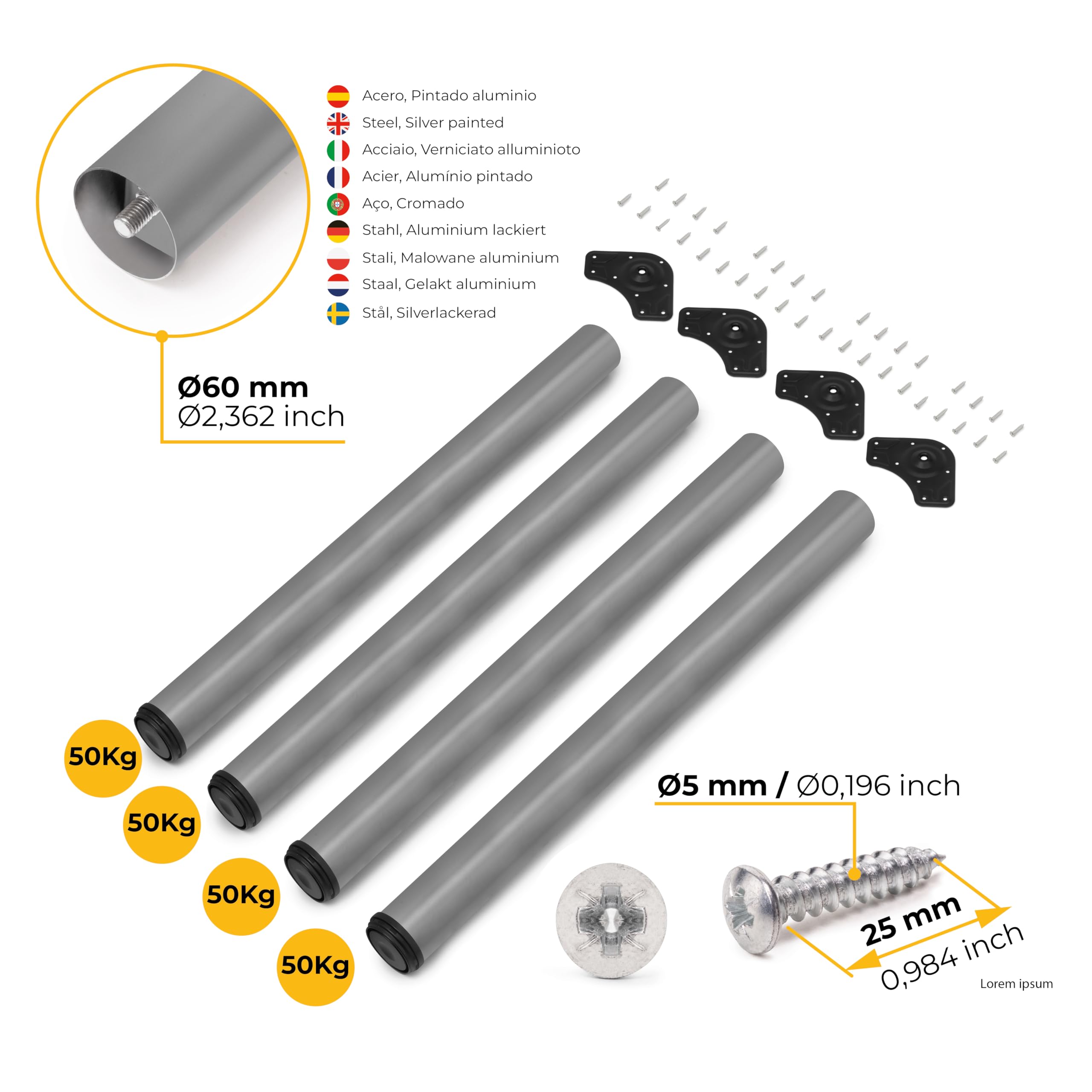 Emuca Regulowana noga stołowa Ø60x710mm, Zestaw 4 stalowych nóg, Regulowana wysokość 710-730mm, Wykończenie szare metalizowane