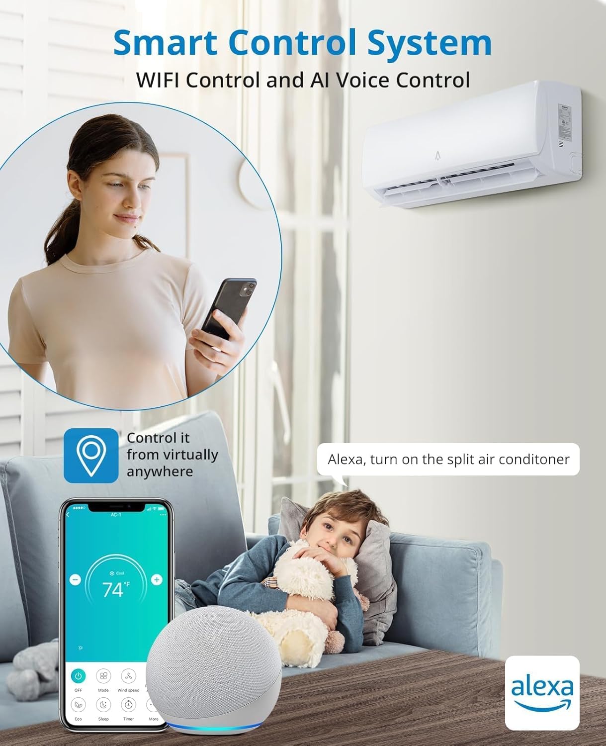 9,000 BTU Mini Split AC/Heating System, 19 SEER2 Inverter Ductless Heat Pump, WiFi Wall Mount Split System Air Conditioner, Up to 450 Sq ft, 115V, Installation Kit, Timer Sleep Mode, Quiet