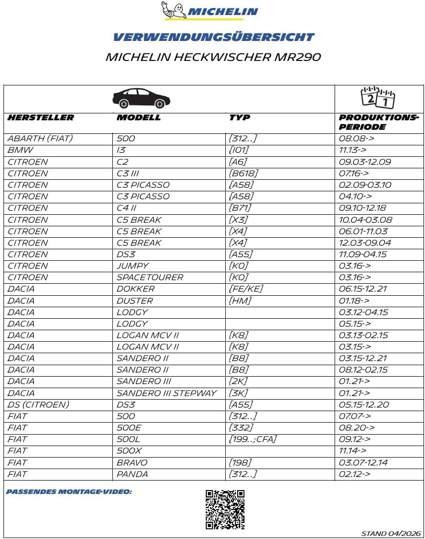 MICHELIN Rear Windscreen Wiper MR290 | Replacement for Direct Mounting Rear | Length 290 mm