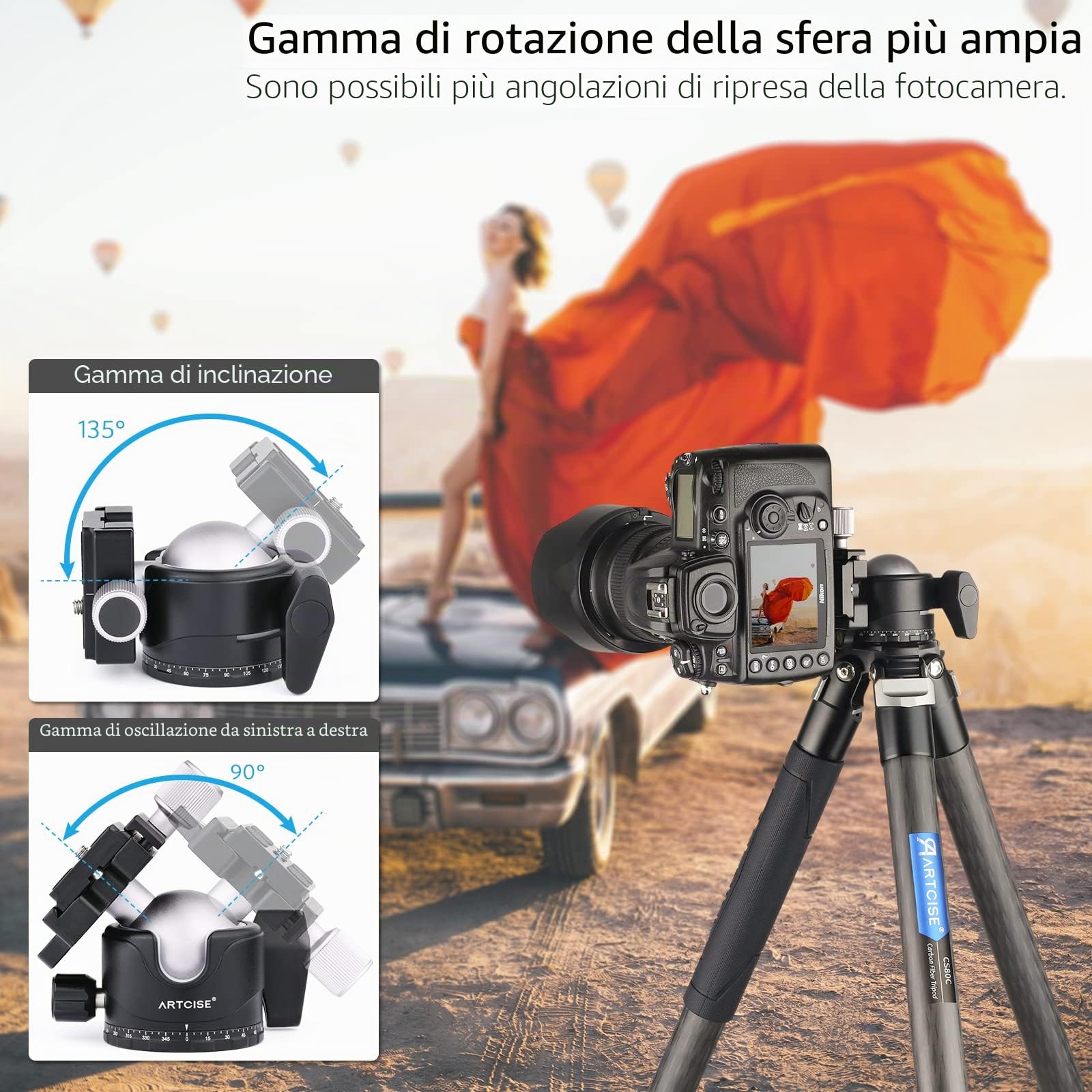 Testa a sfera a basso profilo ARTCISE, testa per treppiede in metallo panoramica a 360° da 46 mm con piastra a sgancio rapido Arca 1/4" per treppiede DSLR, carico massimo: 20 kg