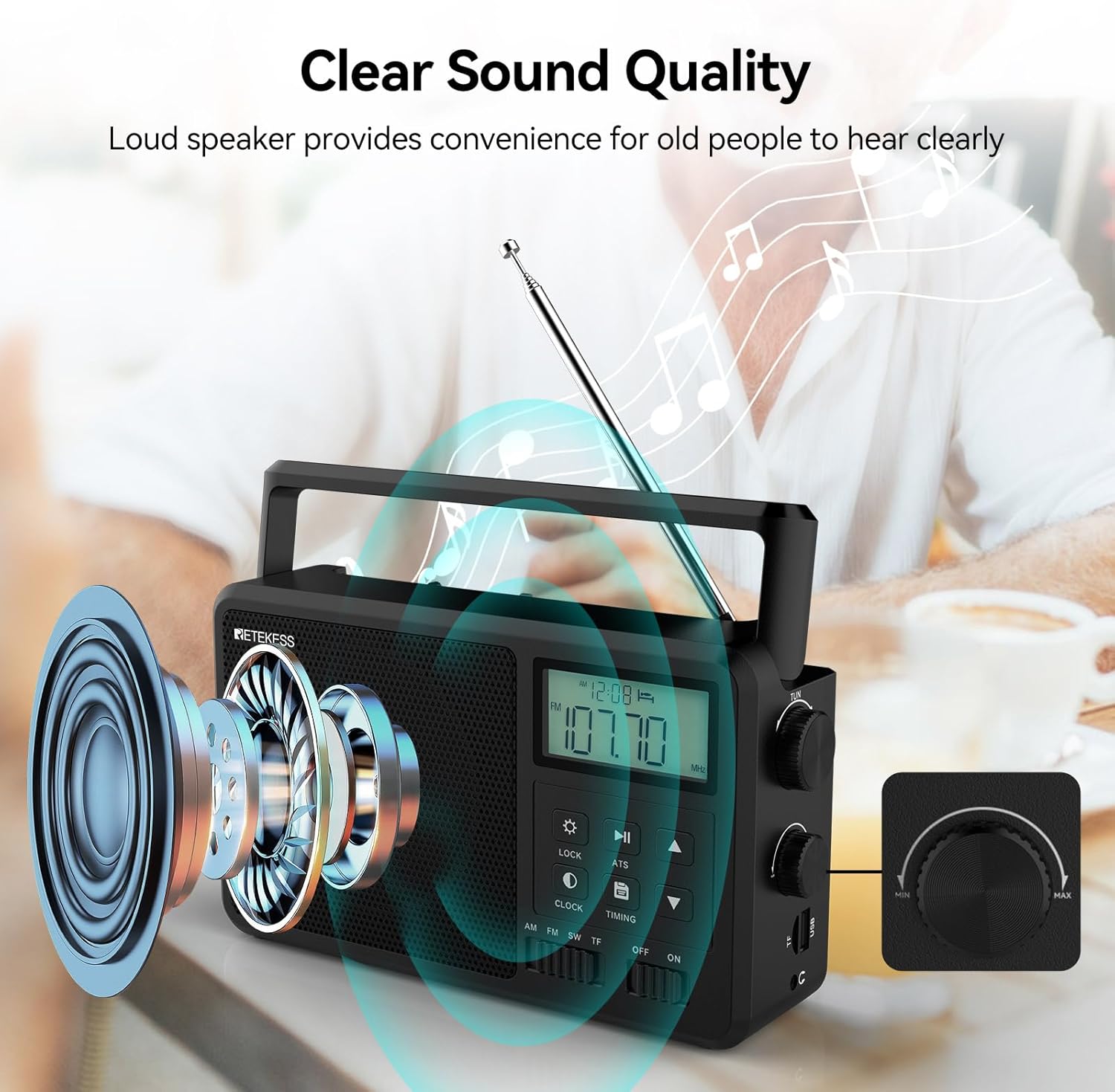 Retekess TR638 radio with an illustration of sound waves emanating from its speaker