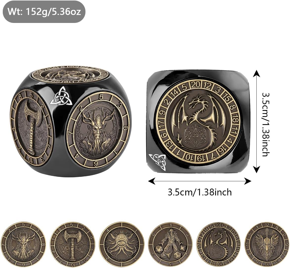 DND Fingertip Spinner Dice, Metal Dice Set with 3D Pattern, Polyhedral Rotating Game Dice, for DND Gifts with Dragon Logo Gift Box, Role Playing Board Game Accessories, Black