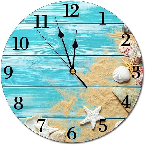 Miniatura 1 de Abucaky Sea Shells - Reloj de pared de madera con fondo de tablero, funciona con pilas, silencioso, para decoración de pared en casa, oficina,