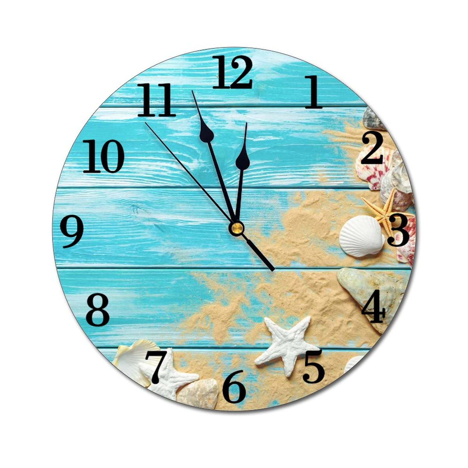 Abucaky sea Shells Wooden Board Background Wall Clock Battery Operated Silent Round Clock Wall Decor for Home Office School, 12 Inch