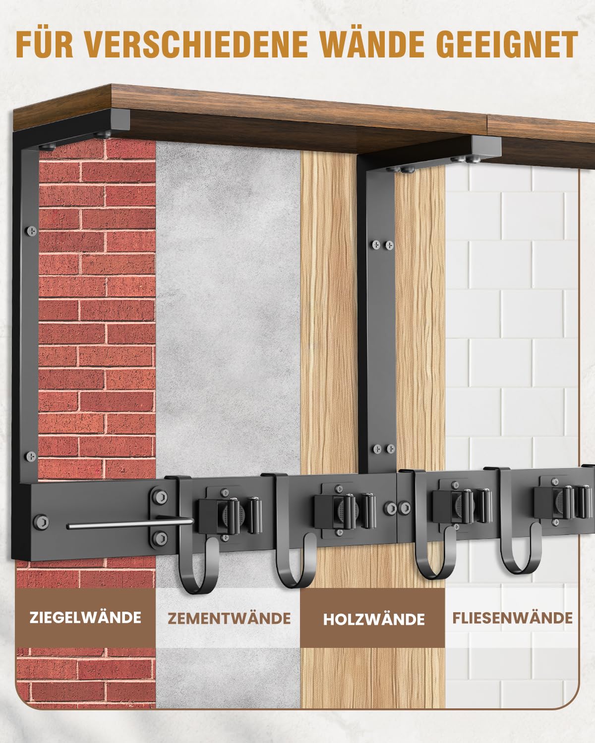 Soporte escobas pared con estante superior de madera, organizador metálico resistente para útiles de limpieza con soporte para aspiradora, 5 soportes y 5 ganchos para lavadero, trastero (grande)