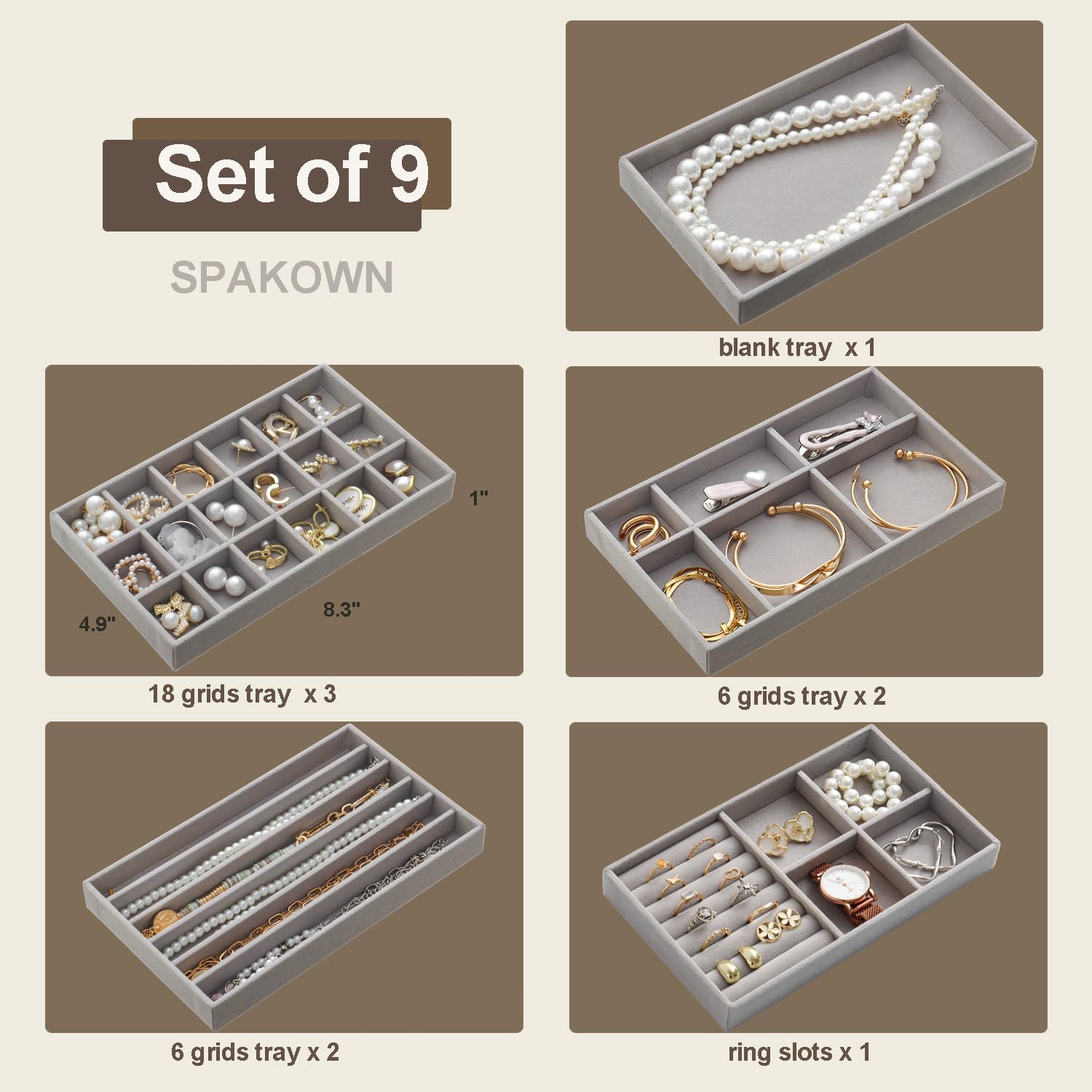 Stackable Jewelry Organizer Trays Set of 9, Small Velvet Jewelry Organizers Earring Necklace Ring Bracelet Display Case Storage for Drawer Dresser (Grey)