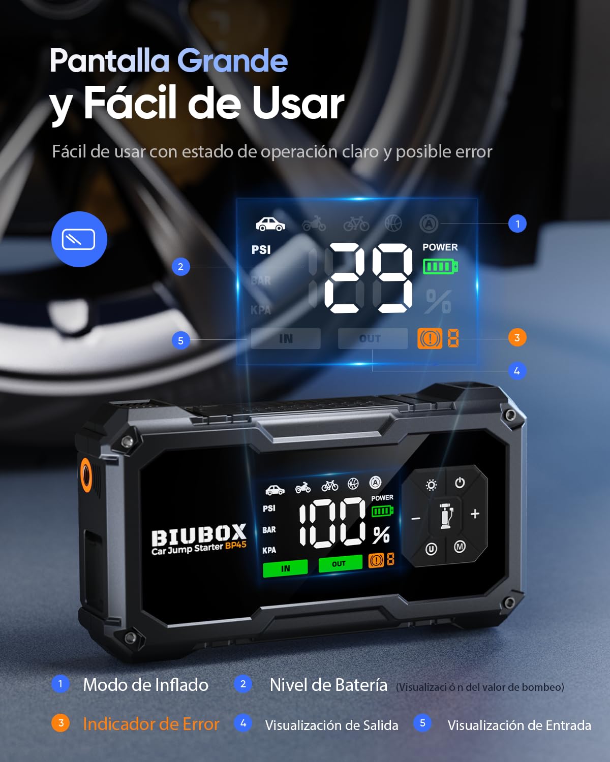 Arrancador de Baterías de Coche con Compresor de Aire 150PSI, 8500A BiuBox Arrancador de Coches Portatil (para Toda Gasolina o 9L Diesel), Booster Batería de 12V Jump Starter con Luz LED 500lm