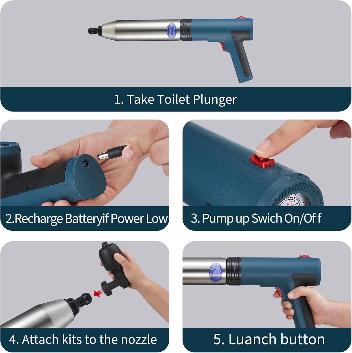 Battery Powered Electric Toilet Plunger,Plunge Blaster,Powered Plunger,High Pressure Toilet Plunger,Air Toilet Plunger,Air Plunger for Toilet