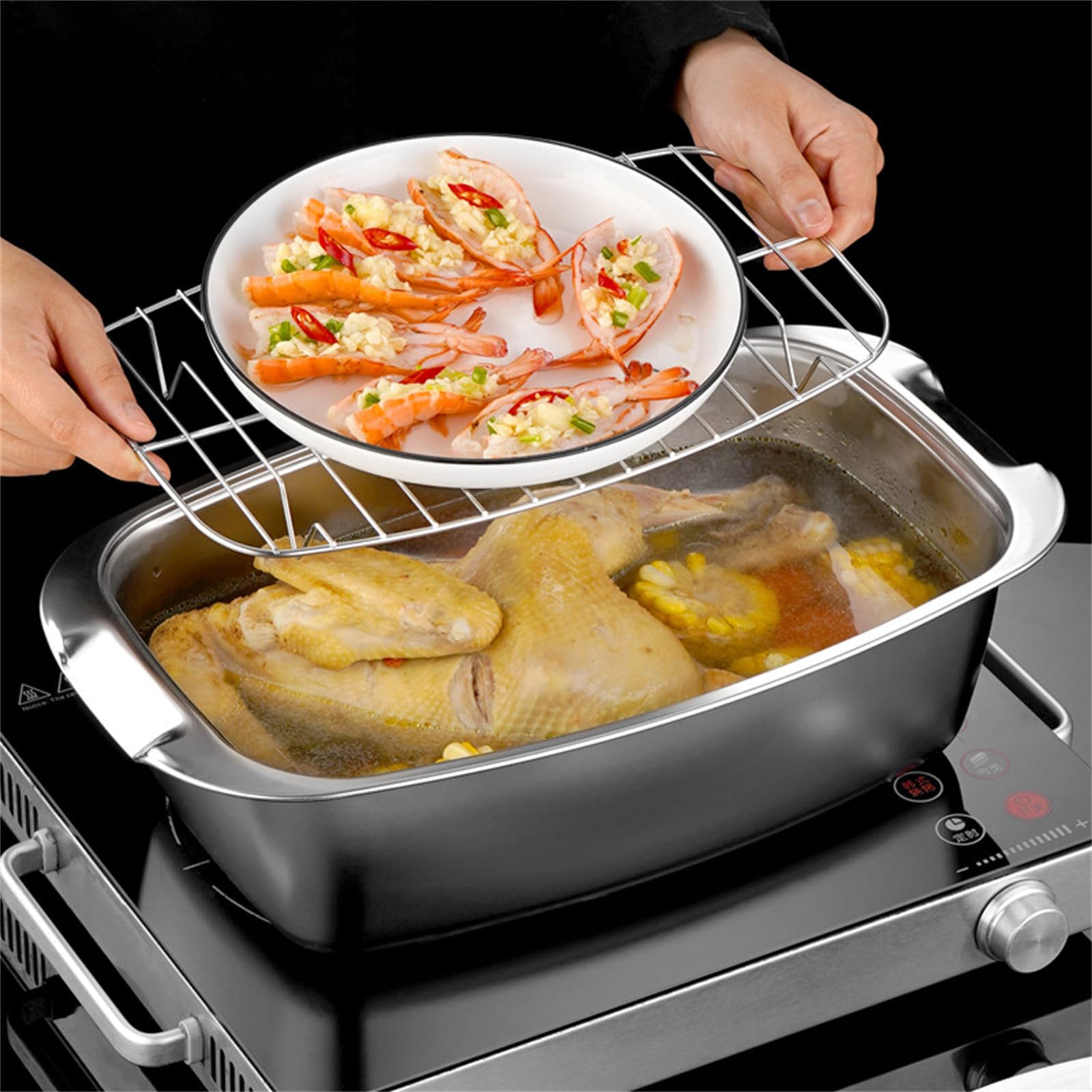 Ollas cuadradas de acero inoxidable para cocinar al vapor con estante para pescados grandes, ollas fáciles de usar