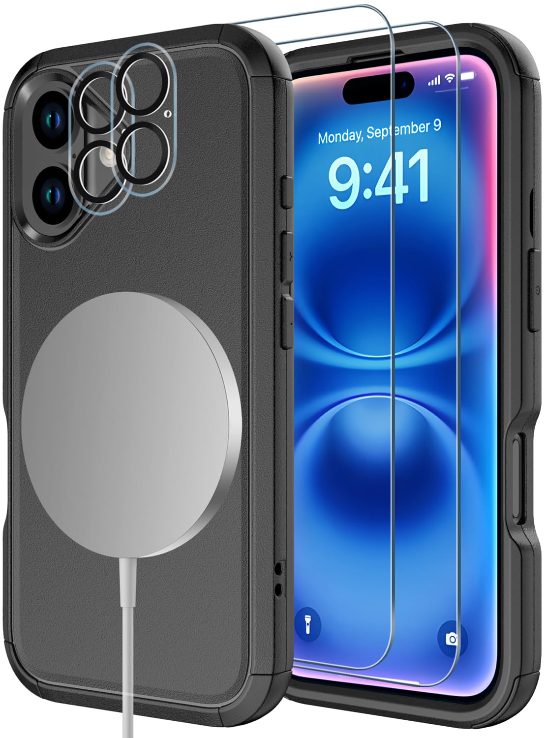 Diverbox for iPhone 16 Case [Compatible with MagSafe] [Shockproof] [Dropproof] [Tempered Glass Screen Protector + Camera Protectors] Heavy Duty Protection Phone Cover for iPhone 16 (Magnetic Black)