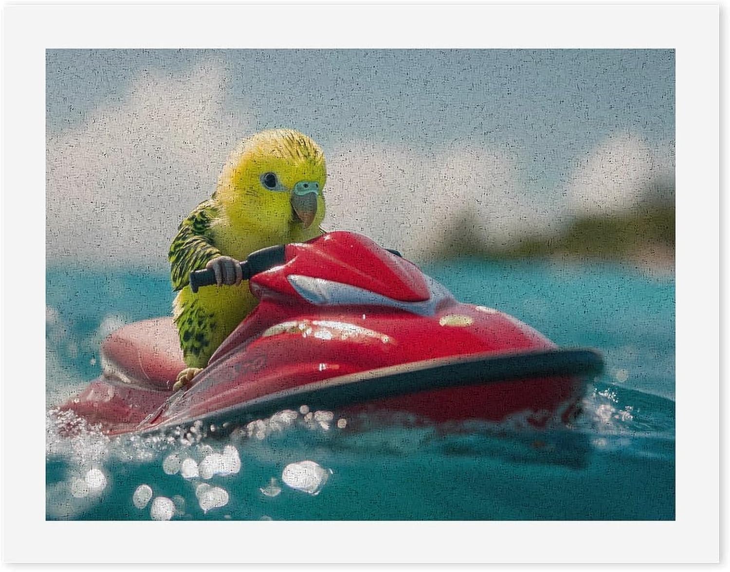 Cute Budgie on Motorboat Funny Digital Oil Painting Horizontal DIY Printed Artwork by Number Kits Decor Gifts for Adults