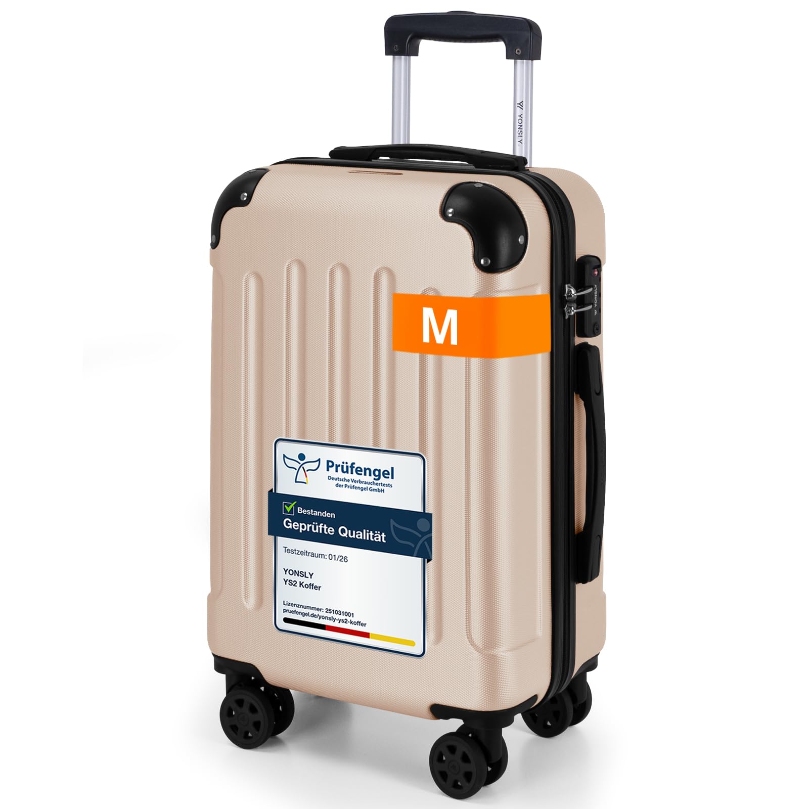 YONSLY Gepäck Reisekoffer, Trolley Rollkoffer Handgepäck, Hartschalenreisekoffer mit 360° Lenkrollen, Zahlenschloss, Mehrstufiger Teleskopgriff