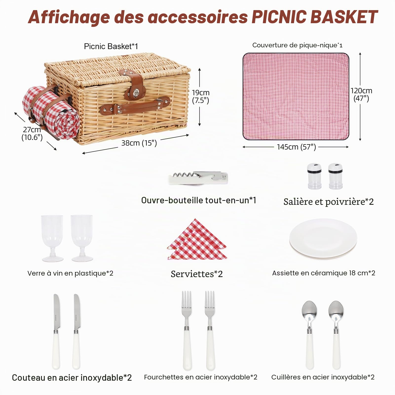 Panier de pique-nique pour 2 personnes - Avec compartiment isotherme et couverture de pique-nique imperméable - Fabriqué à la main - Cadeau pour camping, plage, randonnée (RotCheck)