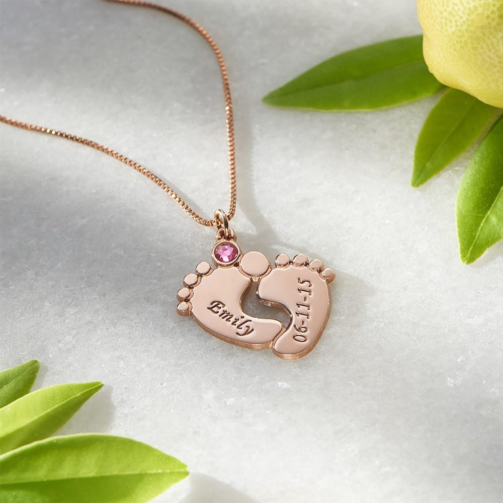 MYKA - Personalized Engraved Baby Feet Necklace with Birthstone - Custom Made Pendant With Precious Metals - Family Jewelry for New Mom, Women, Her, Grandma - Dainty Gift For MotherÕs Day, Christmas, Birthday - 0.925 Sterling Silver, 18K Gold & Rose Gold Plating, Yellow Gold - CUSTOM YOUR OWN