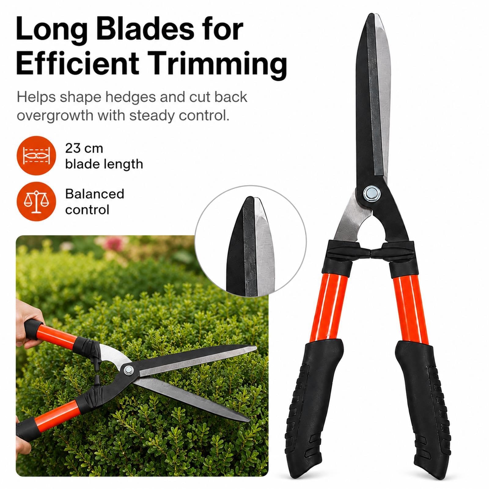 GOOGO Cisailles à haies 59.5 cm, cisaille de jardin avec lames en acier au carbone SK5, amortisseurs et poignées ergonomiques, pour la taille et la mise en forme des haies, arbustes et buissons
