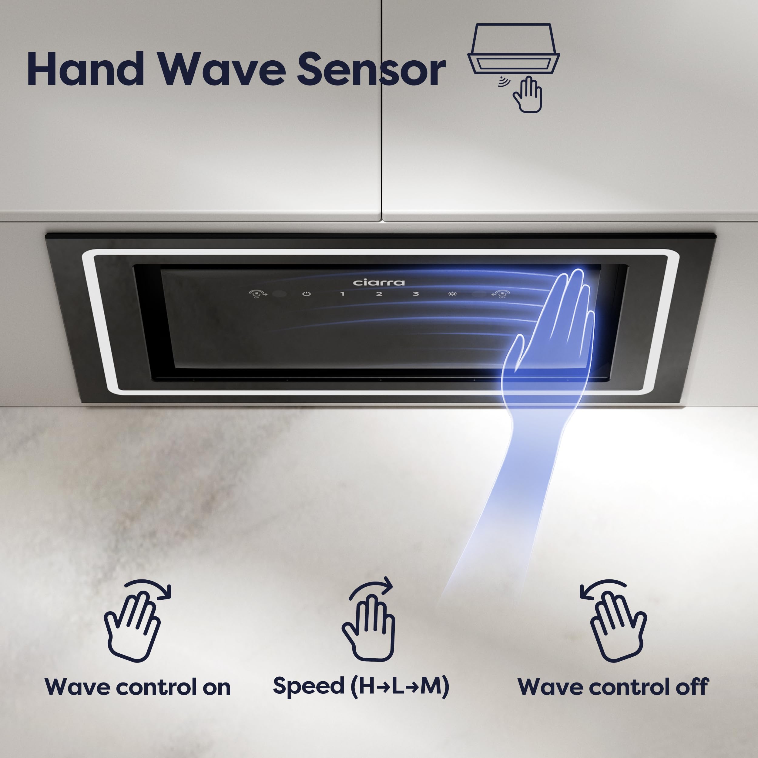 CIARRA 52cm Integrated Cooker Hood, Built-in Kitchen Extractor Fan with Wave Control, LED Light, Carbon Filter, Recirculation & Ducting Options, Slim Undercabinet Kitchen Hood - CBCB5931C — view 3