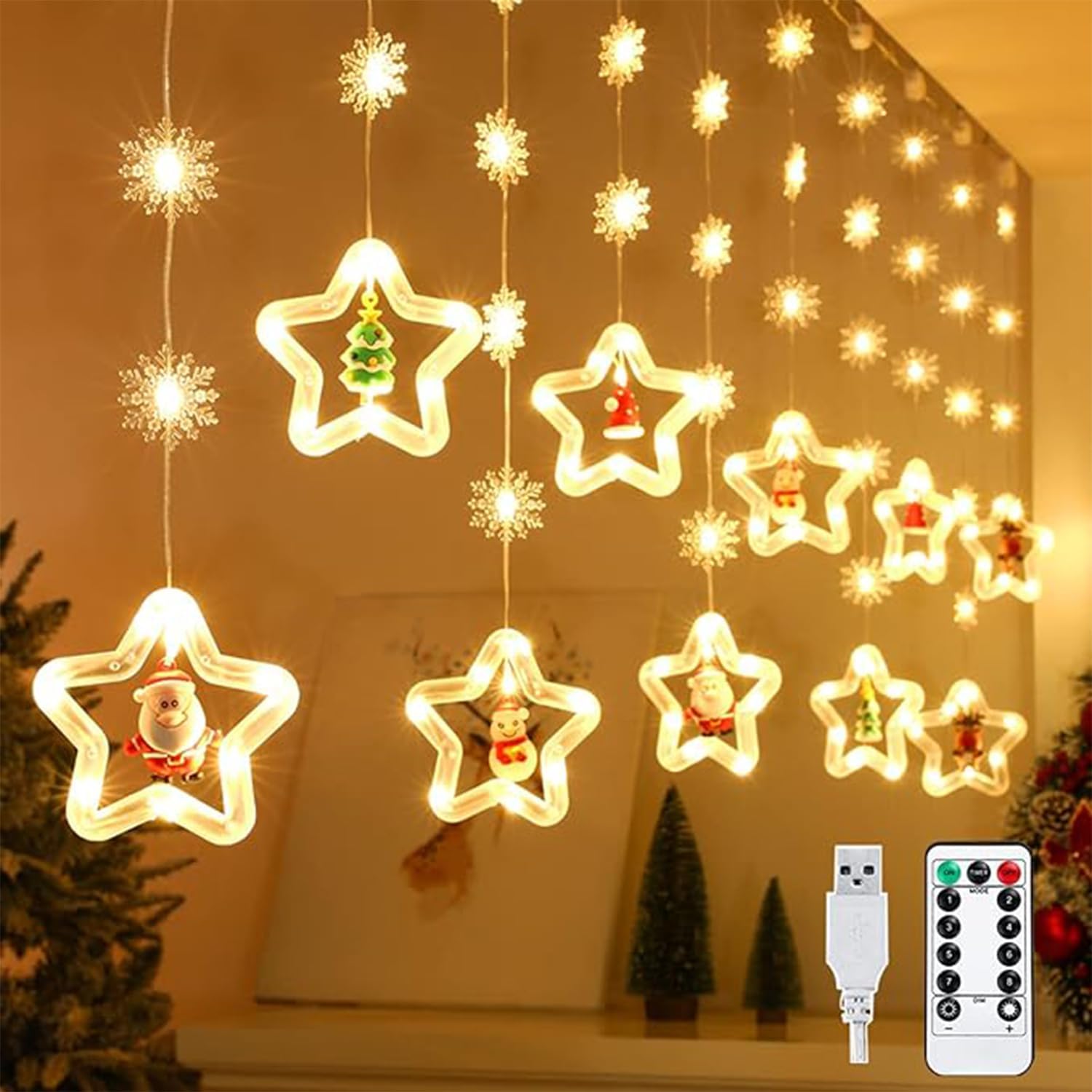 Christmas Lights, 10 Tree Lights 120 LED USB Remote Control Battery Operated Christmas Window Lights with Santa Claus Ornaments Lights 9.84 ft Light for Bedroom Party Curtain Décor (Star)