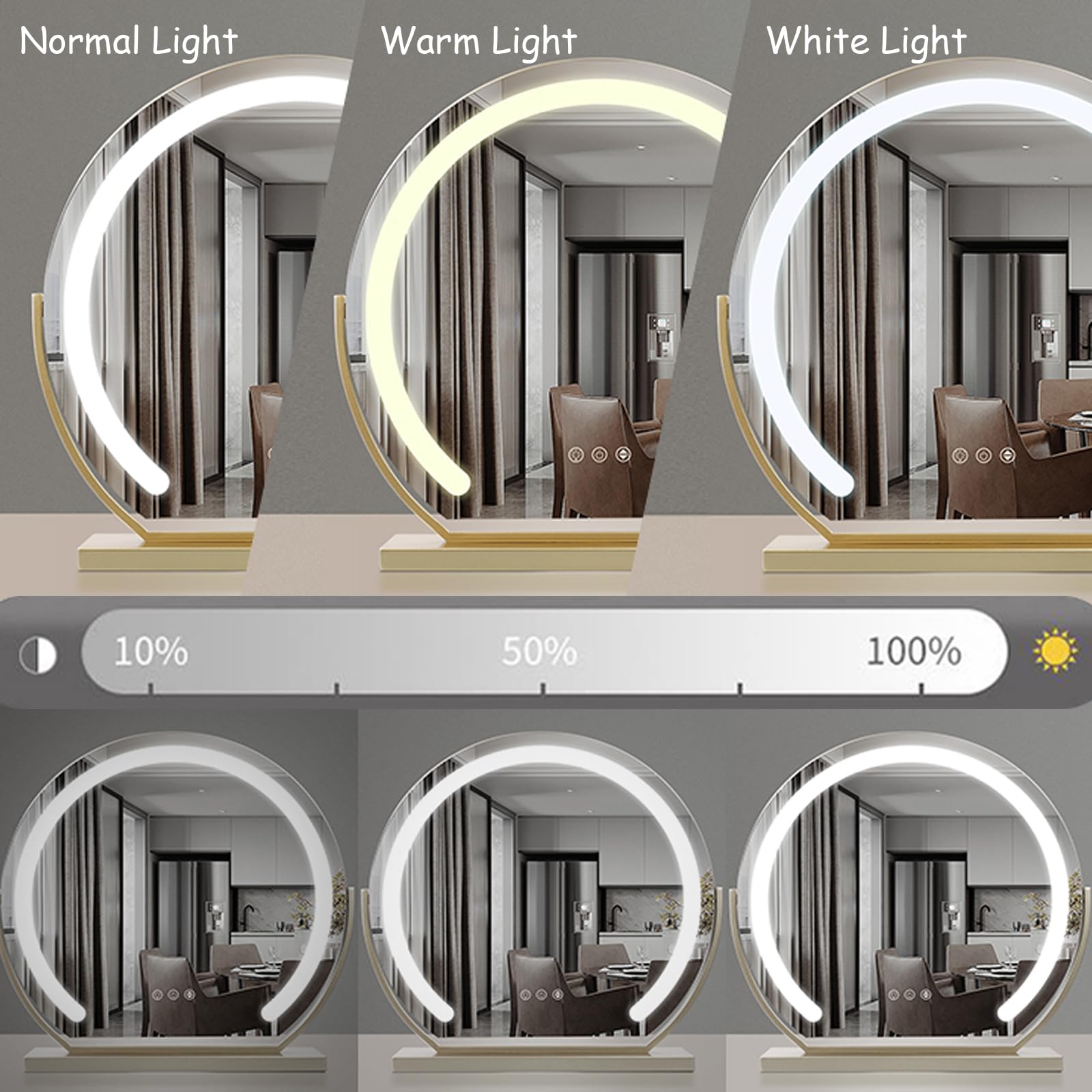 Okrągłe złote lustro toaletkowe LED obracane o 360°, 60 cm, ściemniane lustro toaletkowe z 3 ustawieniami kolorów, do makijażu i akcesoriów kosmetycznych