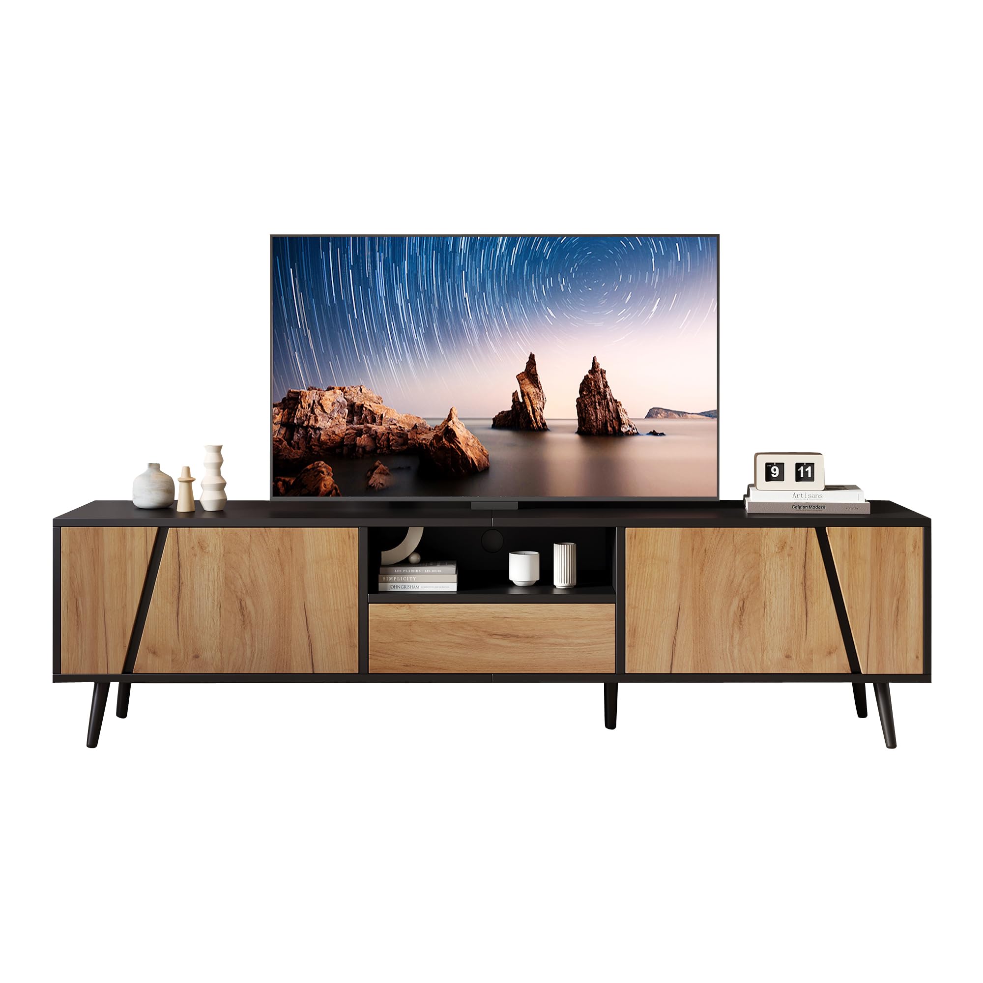 BTM 180 cm Lowboard Lowboard Board, TV-Schrank mit Schubladen und 2 Schränken, Moderne minimalistische Konsole mit 6 Stützbeinen aus Massivholz, Passend für 75-Zoll-Wohnzimmerschränke