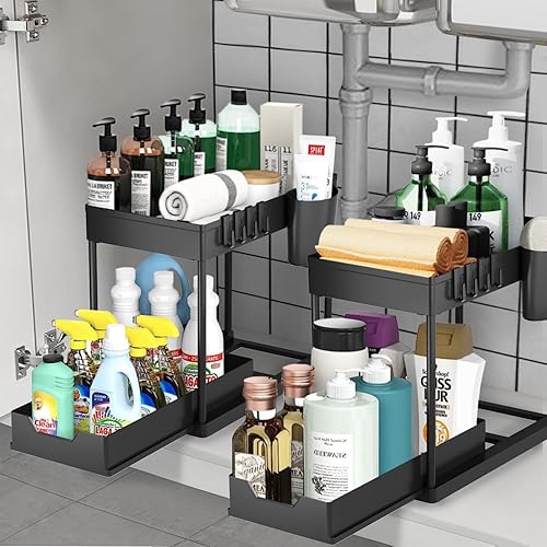 Miniatura 6 de Organizadores y almacenamiento para debajo del fregadero, organizador de armario de baño deslizante de 2 niveles con ganchos y taza, estante de