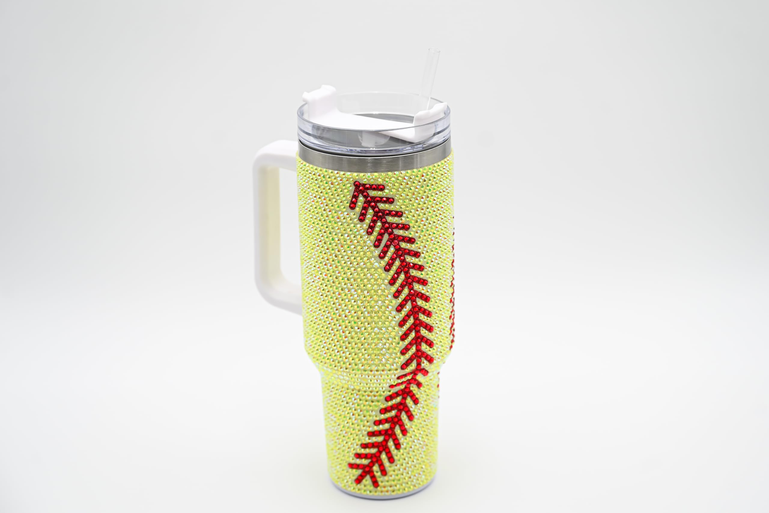 Trinkbecher mit Griff und Strohhalm (gelber Softball), Edelstahl und doppelwandig isoliert, 1,2 l