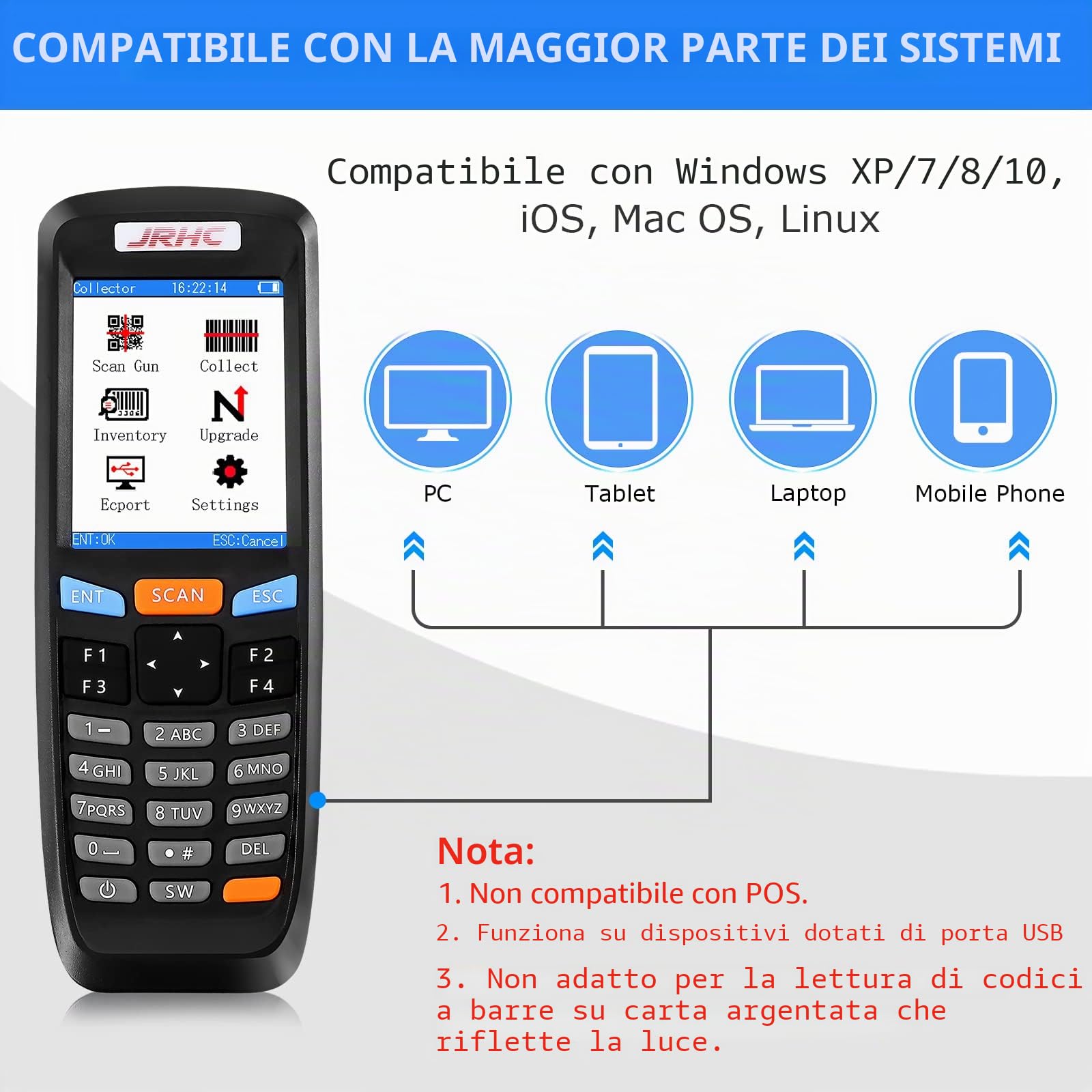Lettore di codici a barre 1D da collezione con ricevitore USB wireless da 2,4 GHz, lunga distanza di trasmissione, schermo LCD multifunzione da 2,8 pollici, lettore di codici a barre