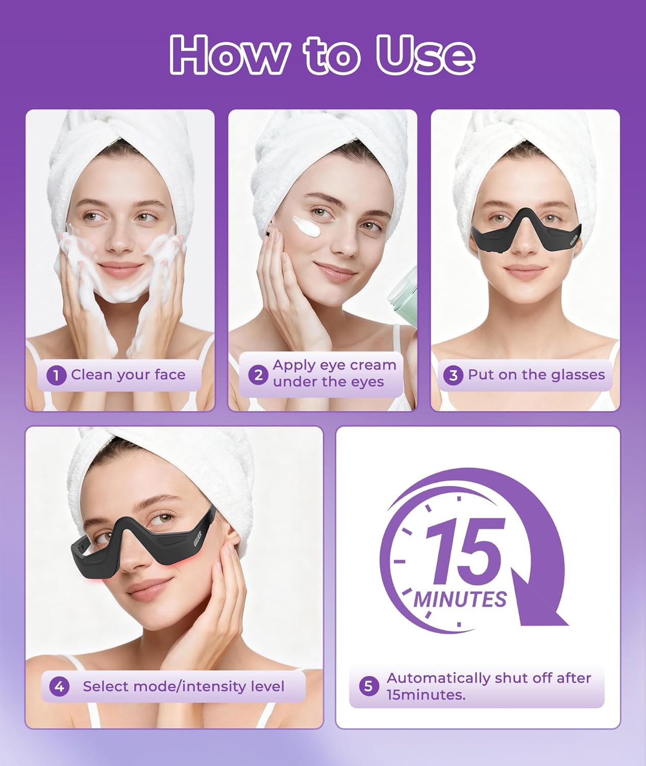 Eye Red Light Therapy Glasses, 7-Color LED Microcurrent Eye Massager for Eye Bags, Dark Circles, Wrinkles & Fine Lines, Red Light Therapy for Eyes, 3 Modes, Black - Image 7