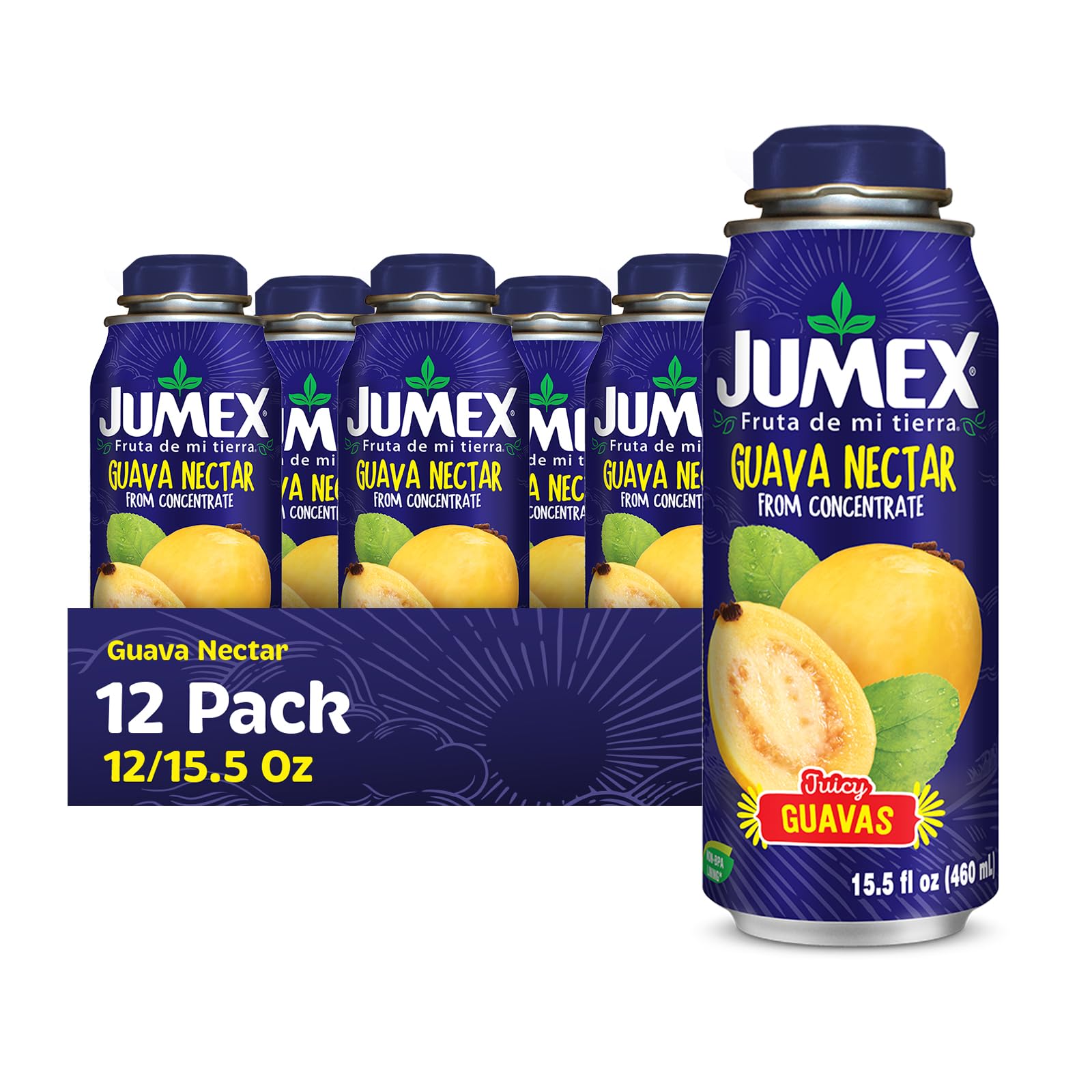 Jumex Guava Nectar Lata Botella - Made with Fresh Fruit Puree - Guava Juice Concentrate for Tropical Fruit Smoothie Mix, Cocktail Mixers & Kids Beverages - 15.5oz, 12 Pack Resealable Juice Bottles