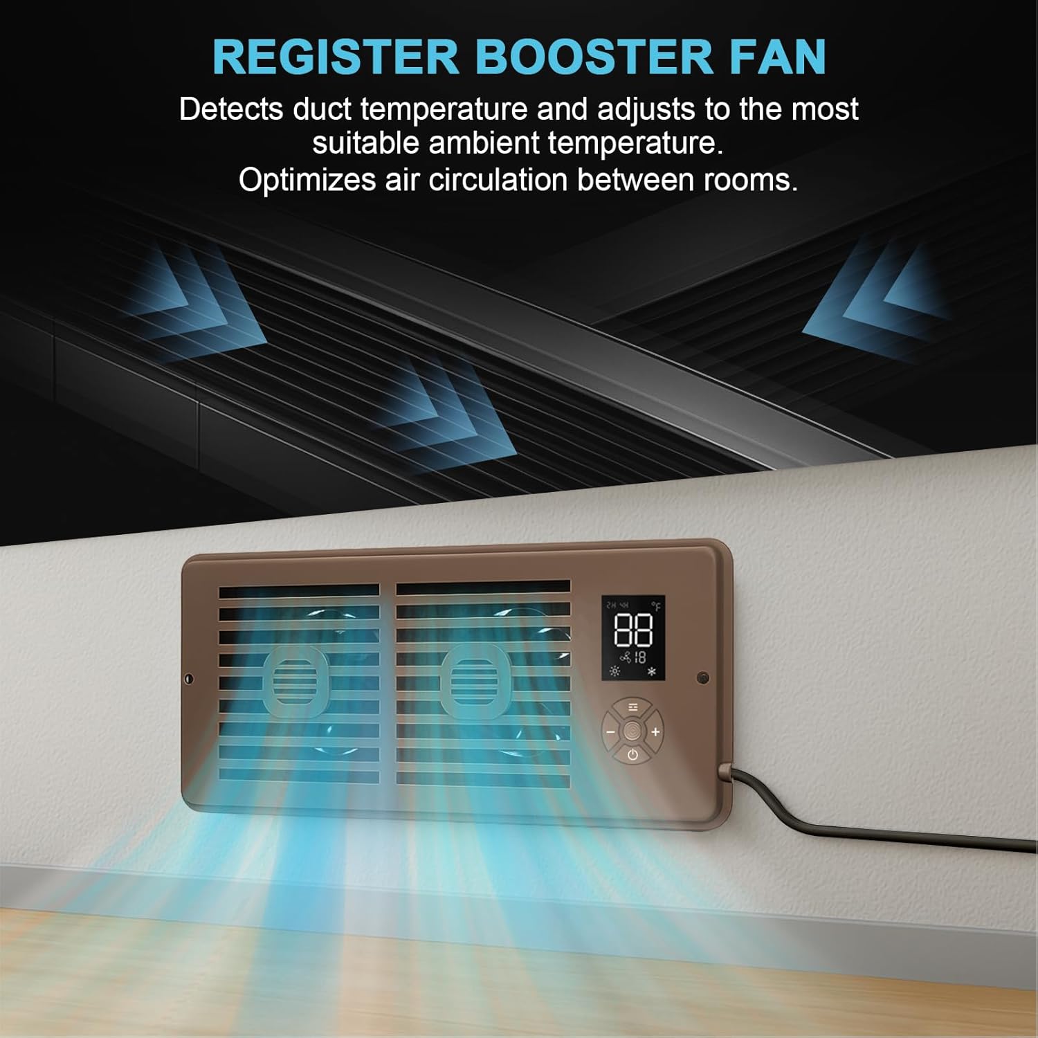 Register Booster Fan for 4" x 10" Vents Only, 10 Speeds to Control Cool and Warm Airflow, Air Conditioning Vents with LED Screen Remote & Thermostat Control, for Room Walls & Floors (Brown) - Image 2