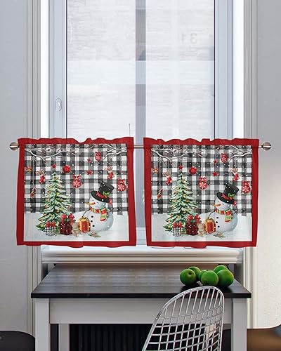 Miniatura 4 de Christmas Snowman Curtains 24 Inch Length 2 Panels for Bedroom Semi Sheer Tier Curtain Window Treatment Winter Snowflake Xmas Tree Black White Plaid