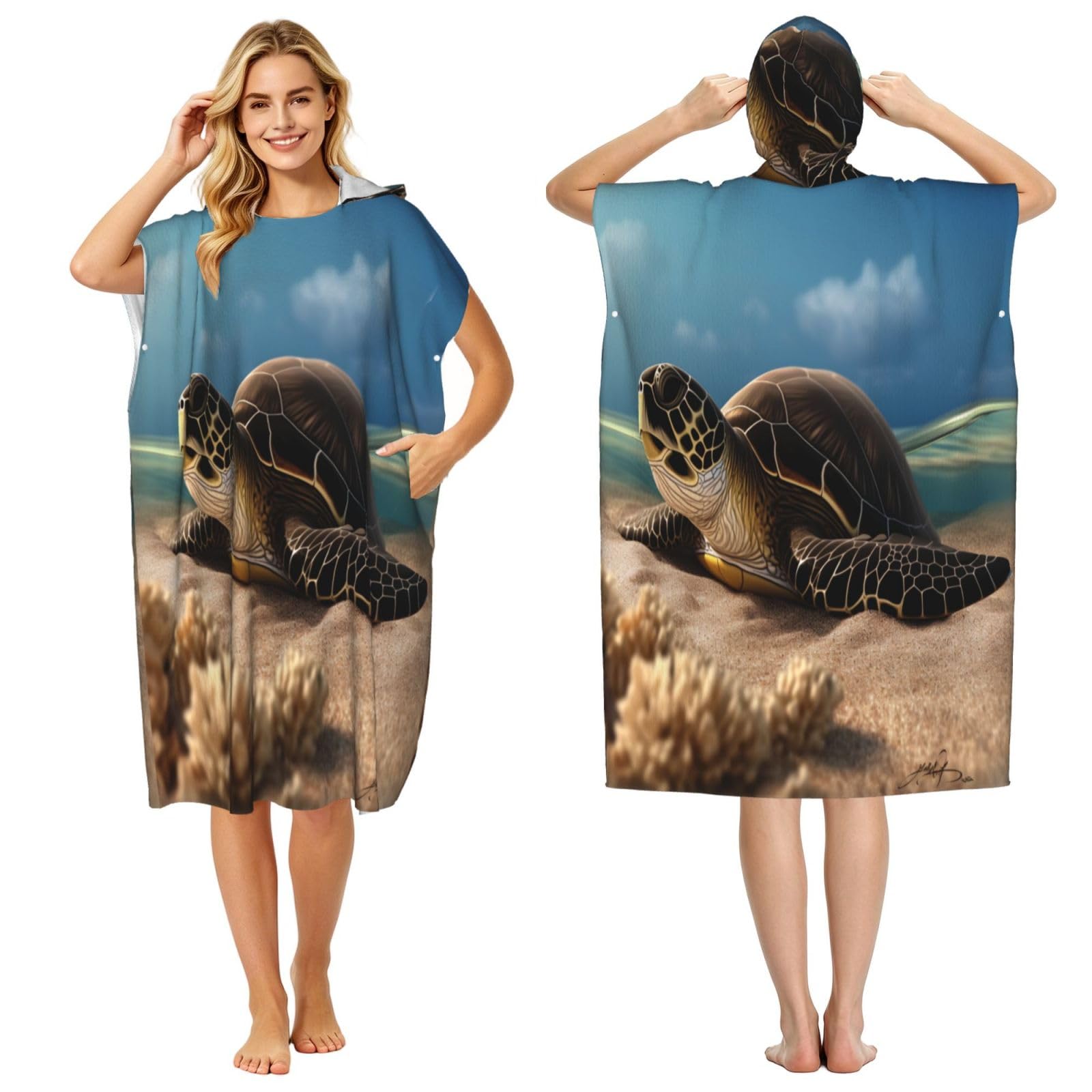 DTHKJNLSF Turtle On The Beach Adult Hooded Beach Poncho Towel