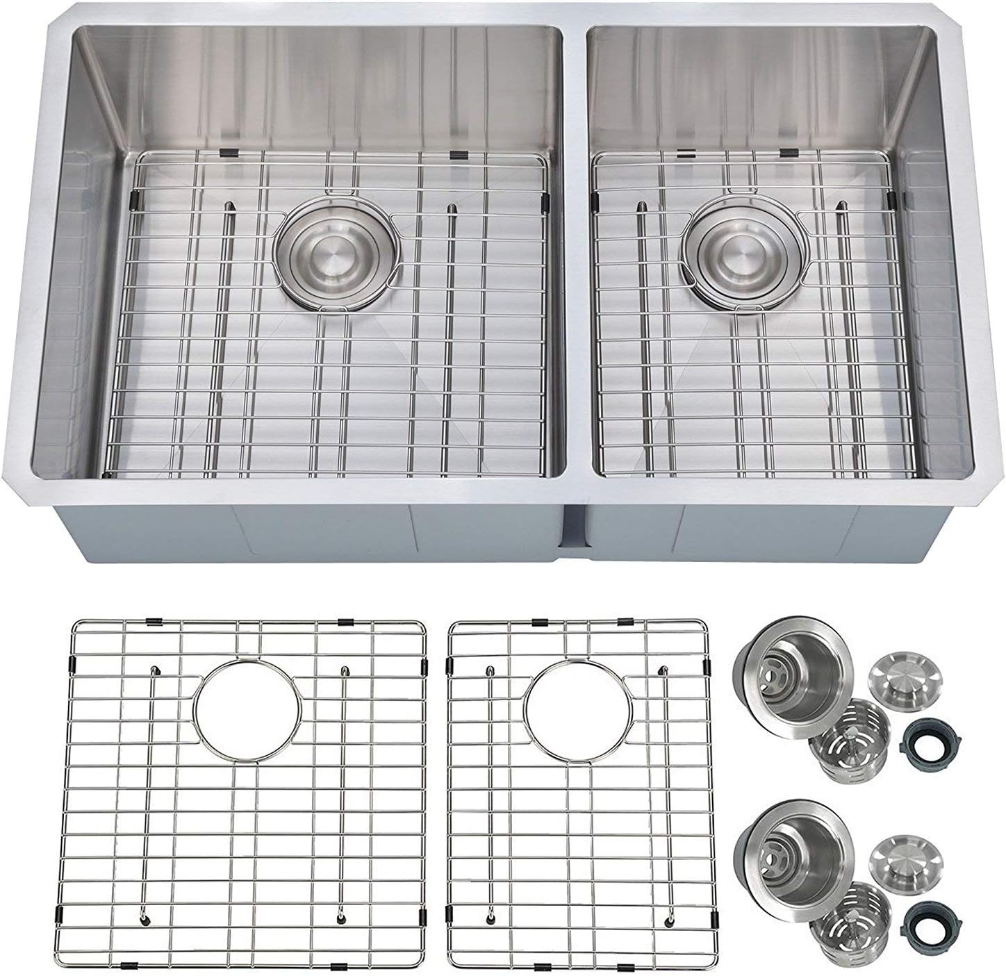 PRIMART PHU33DO Handcrafted 33 X 19 Inch 60/40 Double Bowls 16 Gauge Undermount Stainless Steel Kitchen Sink w/Bottom Grid Sink Strainer