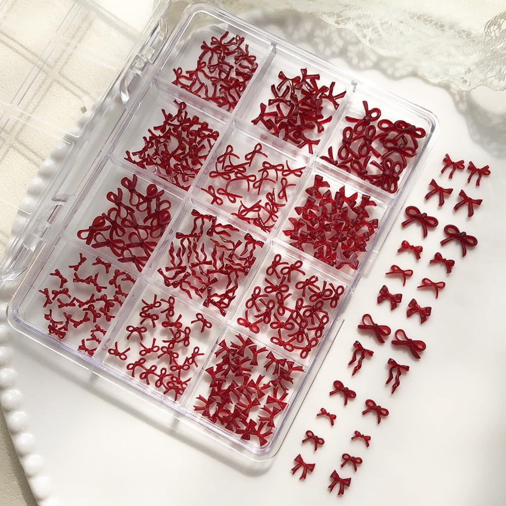 12 Grids Red Bow Nail Charms Mixed Design Cute Mini Ribbon Bowknot Nail Charm Jewelry Decoration 3D Kawaii Resin Bow Charms for Nails Supplies DIY Crafts Rhinestones Manicure Nails Accessories