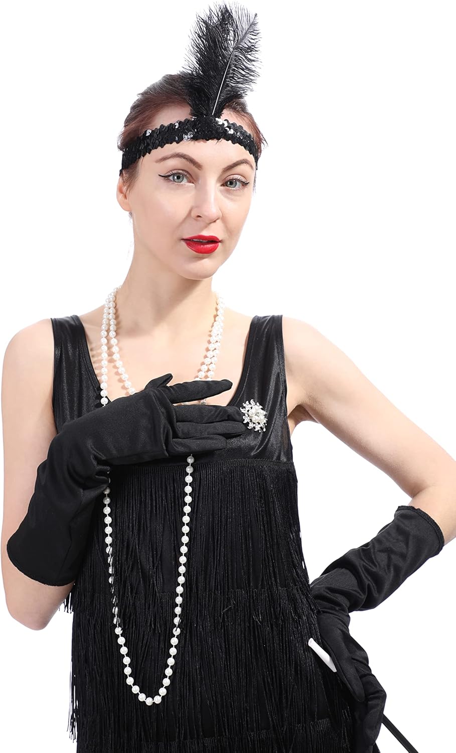 Leadtex Women's 1920s Fringed Flapper Costume with Feather Headband,Beaded Necklace - Image 2