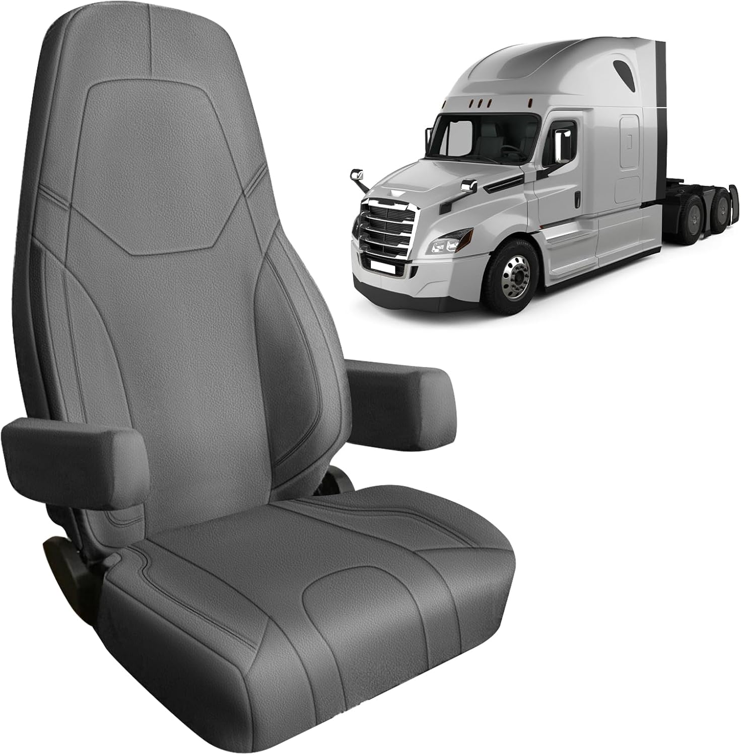 SAPUBK Custom-Fit Front Seat Covers with Back Pocket Replace for 2014-2025 Freightliner Cascadia 33" High Back, Premium Leather with Back Composite Soft Foam Lining Seat Cover (Gray)