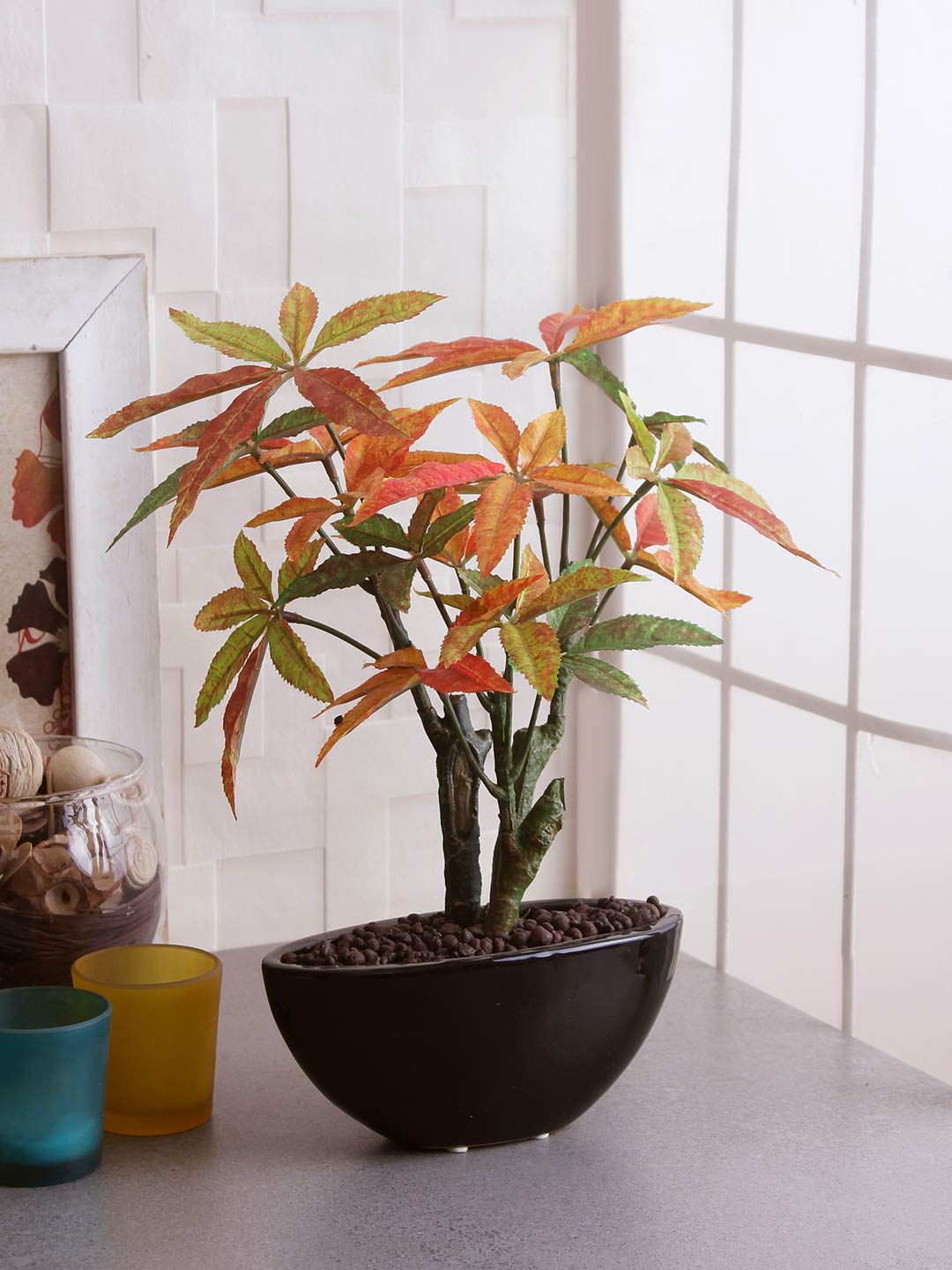 FOURWALLS Artificial Japanese Maple Artificial Bonsai Plant(88 Leaves, 32cm Tall)