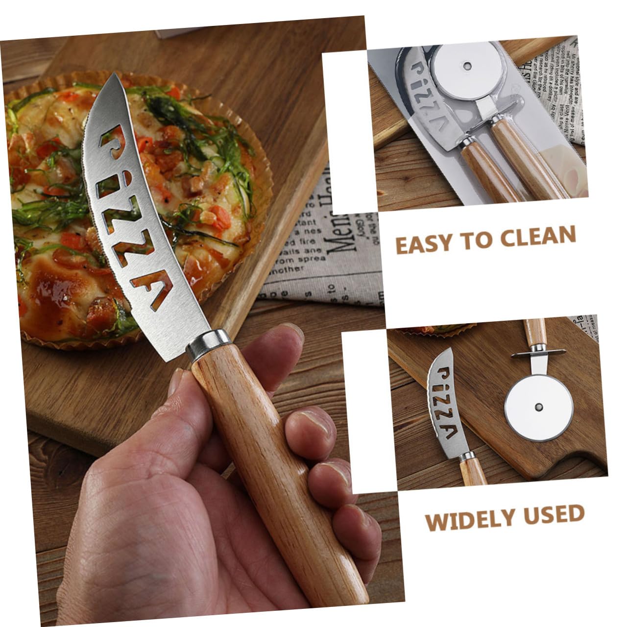 Cortador de Pizza y Rodillo de Acero Inoxidable 2 Piezas Mango de Madera, Rueda Giratoria Segura, Práctico para Hogar y Restaurante, Herramienta para Hornear Pizzas y Pasteles