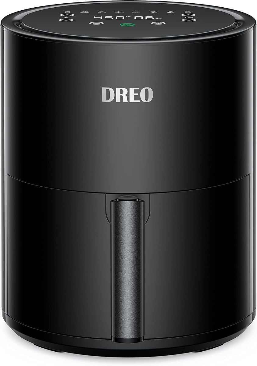 Dreo Air Fryer - 100℉ to 450℉, 4 Quart Hot Oven Cooker with 50 Recipes, 9 Cooking Functions on Easy Touch Screen, Preheat, Shake Reminder, 9-in-1 Digital Airfryer, Black, 4L (DR-KAF002)