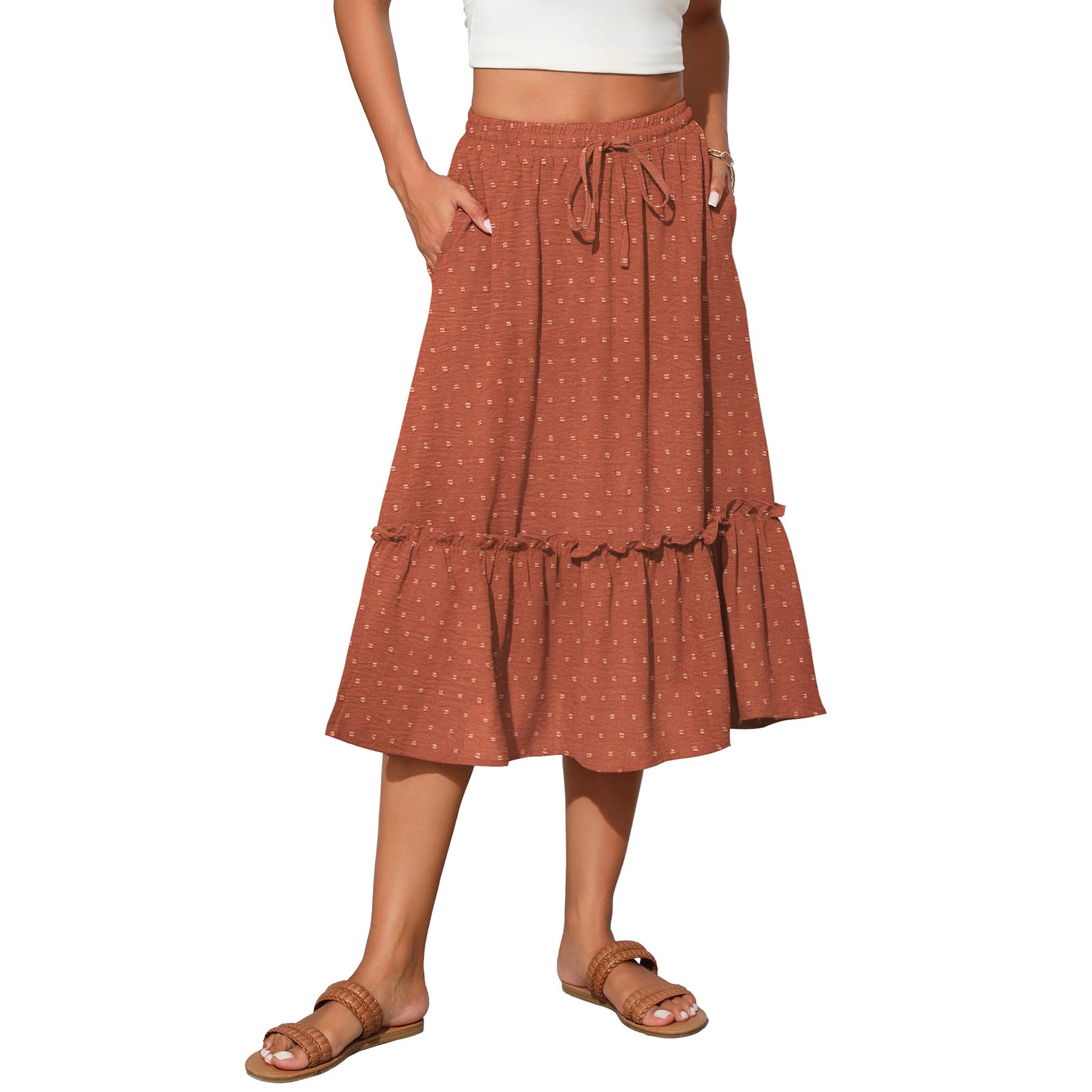 Witsmile Womens High Waist Tiered Midi Skirt Flowy Long Length with Pockets