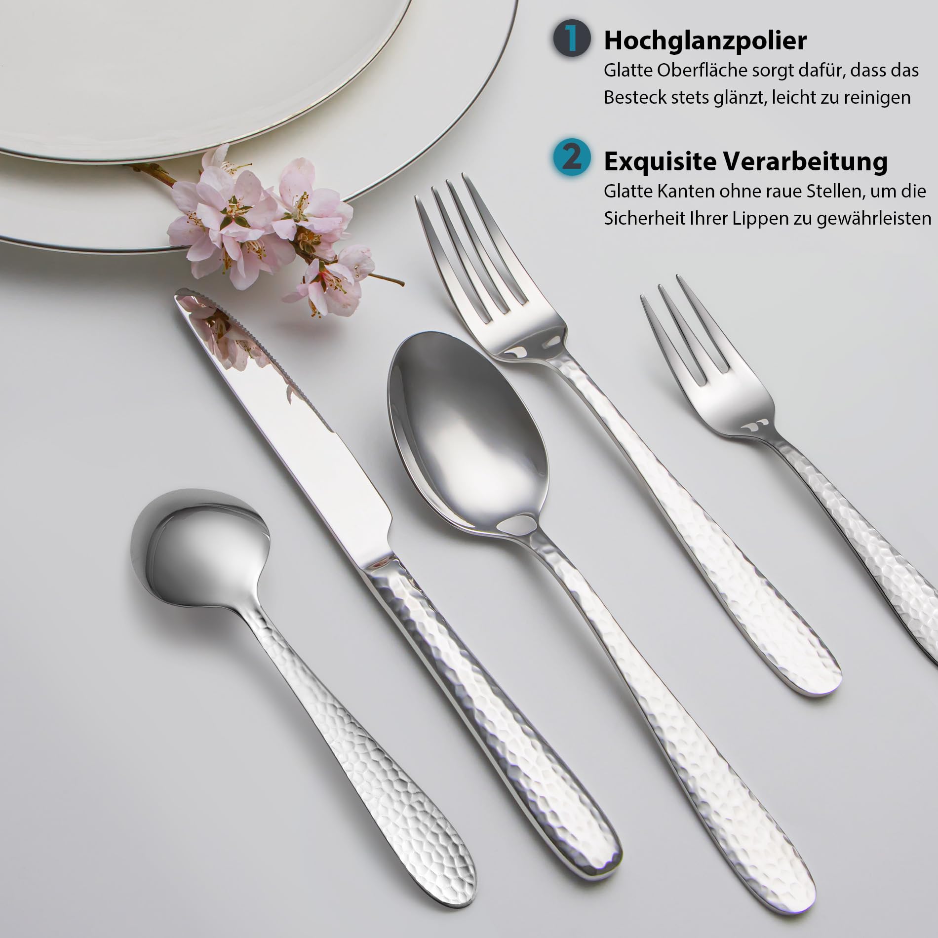 Gehämmertes Besteckset, EIUBUIE 20-Teiliges Edelstahl Besteck, Modernes Besteck Set 4 Personen, Essbesteck Set mit Messer Gabel Löffel, Tafelbesteck für Haus/Party, Hochglanzpoliert, Spülmaschinenfest