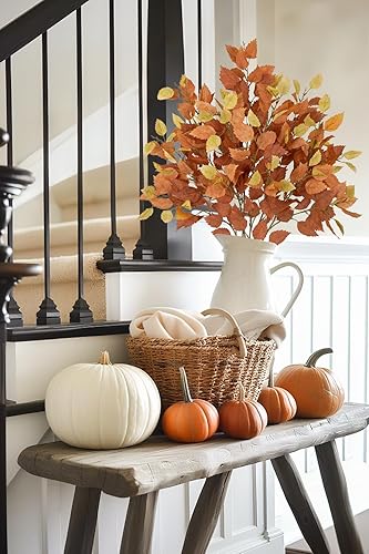 Miniatura 3 de Tallo de hojas de abedul artificiales de otoño, 6 piezas de tallos largos de vegetación de otoño de 33.4 pulgadas de alto, plantas falsas con ramas