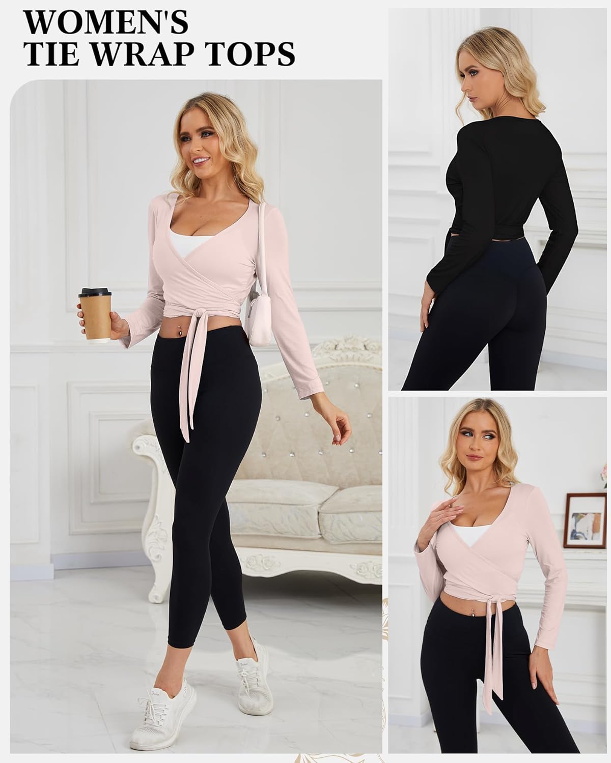 Coume 2 Pack Women’s Ballet Pilates Wrap Top Long Sleeve Tie Front Shrug Yoga Shirt Y2k Workout Active Blouses Crop Tops - Image 5